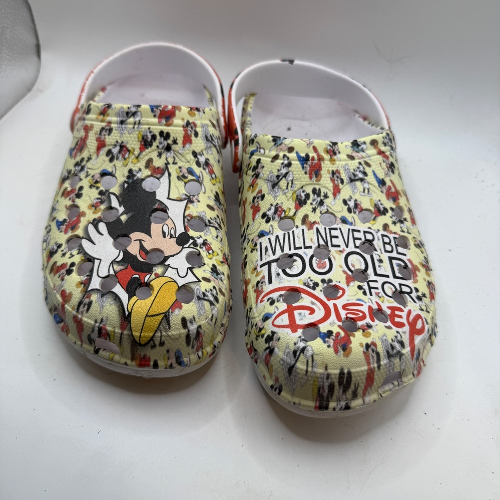 Disney Mickey Mouse All Over Print Clogs Women Size 8 Yellow Red White Slip On
